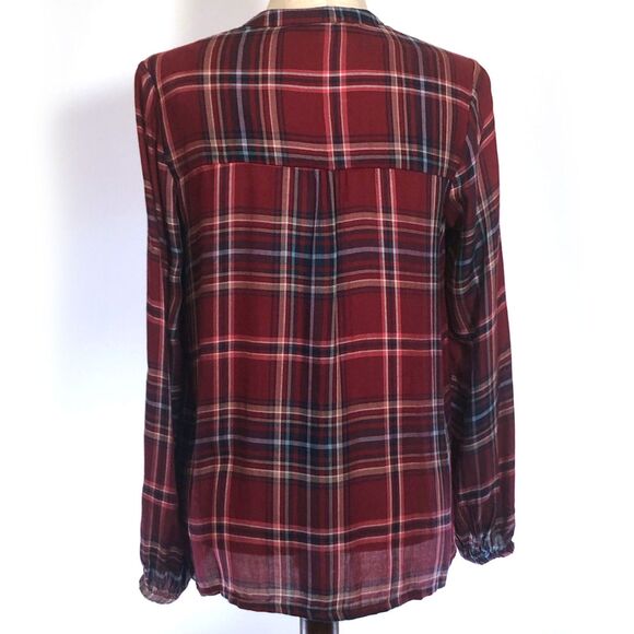 Seven7 Maroon Plaid Peasant Tie Neck Button Top SM - Picture 2 of 8